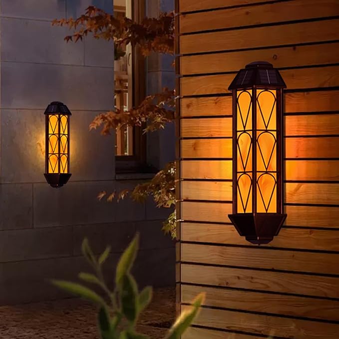 KINGLEAD Flickering Flame Solar Wall Lights Outdoor Waterproof, Light Sensor Outdoor Wall Lights with 2 Lighting Mode, Vintage Solar Wall Lights for House Garden Porch Backyard Patio, 2 Pack