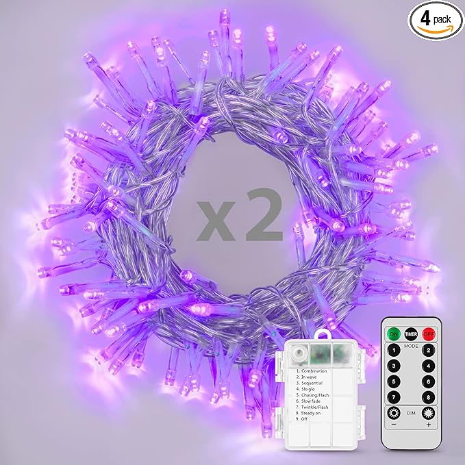 String Lights, 2 Pack Battery Operated String Lights with Remote Timer Waterproof 8 Modes String Lights for Bedroom,Garden,Party,Xmas Tree Indoor Outdoor Decorations (Purple, 16.4)