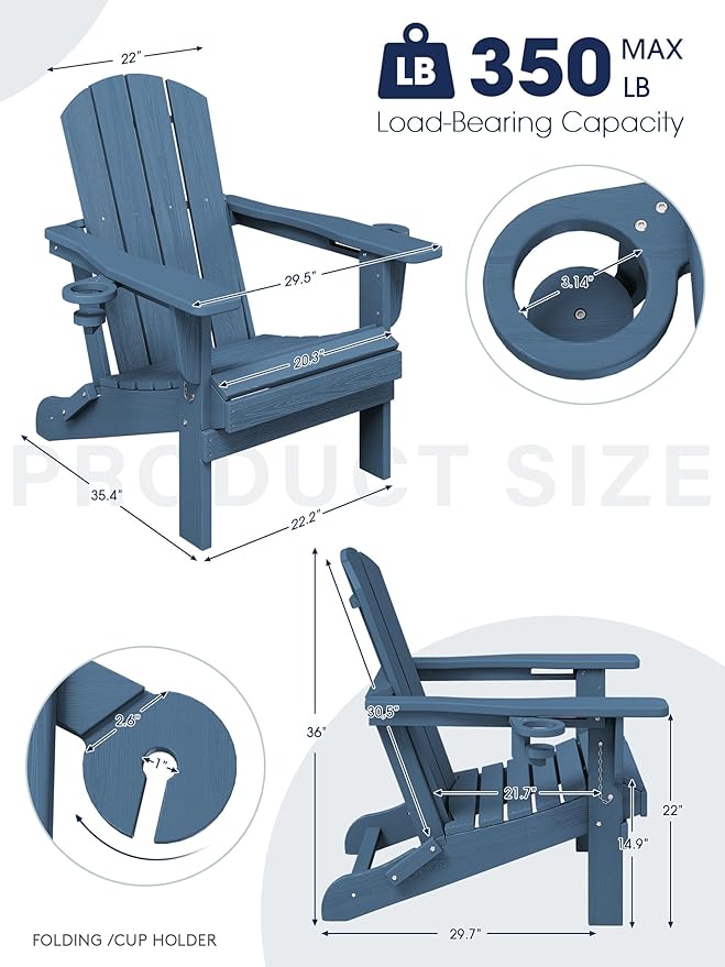 KINGYES Folding Adirondack Chair Set of 6, Dual Cup Holders & All-Weather HDPE, Wood-Like Patio Chair for Backyard, Camping,Pool & Fire Pit, Navy