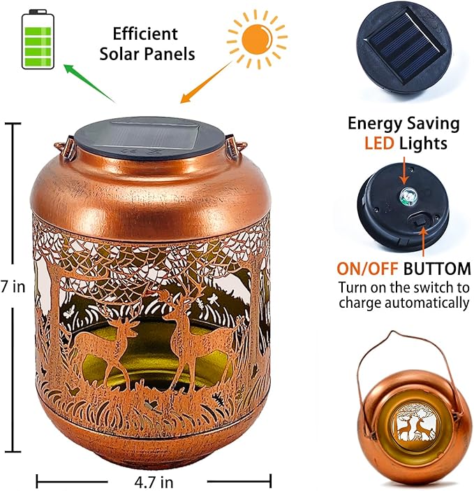 Deer Solar Lanterns Outdoor Waterproof Hanging Solar Lights Deer Gifts for Women Men Metal Decorative LED Lanterns for Yard, Patio, Lawn, Tabletop, Pathway, Landscape, Garden Decor