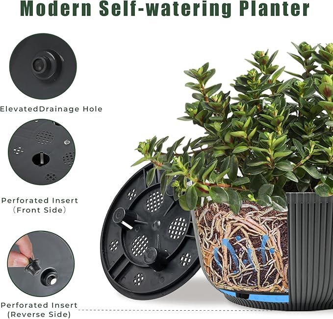 T4U 12 Inch Large Self Watering Plant Pots, Wide Self Watering Planter with Drainage Hole, Large Plant Pots Flower Pot for Plants, Set of 2,Gray