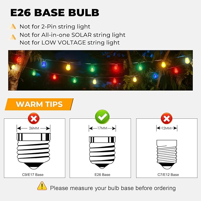 24 Pack LED S14 Colored Light Bulbs for Outdoor String Lights, Shatterproof 1W Replacement Bulbs for Patio Lights, Dimmable, 2200K Warm White, E26 Base, Multi-Color: Red/Blue/Yellow/Green