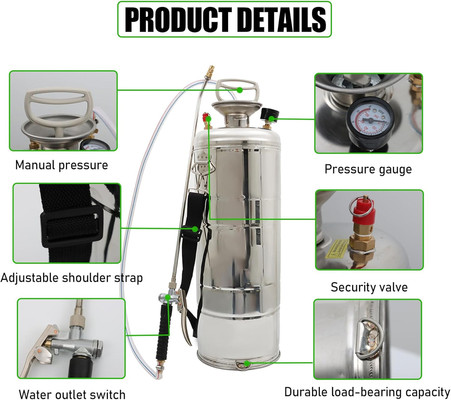 3 Gallon Stainless Steel Sprayer Hand Pump Sprayer with Pressure Gauge Safety Valve Adjustable Nozzle for Gardening Lawn and Cleaning