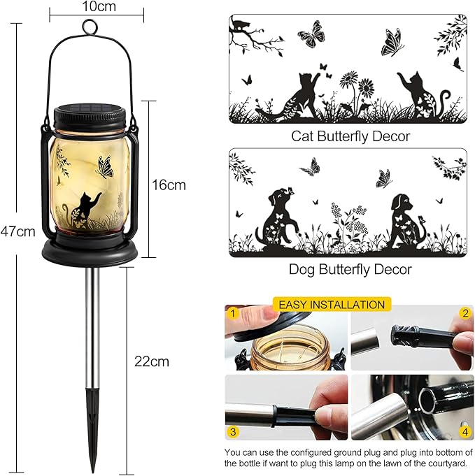 2 Pack Outdoor Hanging Solar Lantern, Cat & Dog Butterfly Vintage Glass Mason Jar, Birthday Mothers Day Gifts for Mom, Grandma, Women, Waterproof Garden lights for Patio Yard Lawn Tree Party Decor