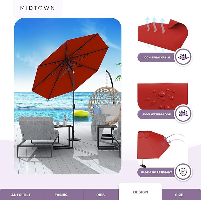 Midtown Umbrellas Sunbrella Umbrella 9 Feet Outdoor Umbrella With Red Acrylic Fabric - Auto-Tilt Aluminum Frame Patio Umbrella For Backyard, Deck, Garden, Pool - Black Pole