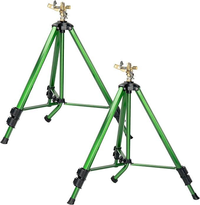 Impact Sprinkler on Tripod Base, Heavy Duty Adjustable Zinc Sprinkler Head for Lawn Yard Garden, 360 Degree Large Area Irrigation, 3/4" Connector Extension Legs Flip Locks, 2 Pack