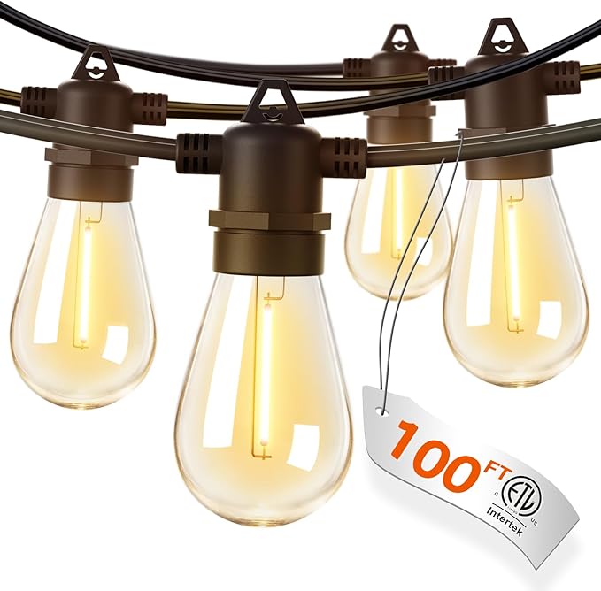 addlon 100FT LED Outdoor String Lights with Edison Shatterproof Bulbs, Heavy-Duty and Weatherproof Strand, Commercial Grade Patio Lights, Decorative for Garden or Patio, Black