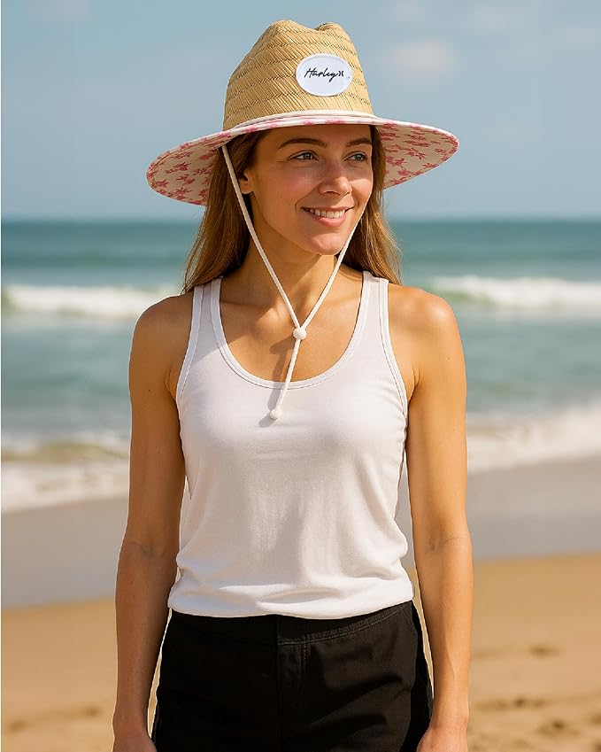 Hurley Women's Straw Hats - Real Straw Hat Medium Brim and Adjustable Chin Strap