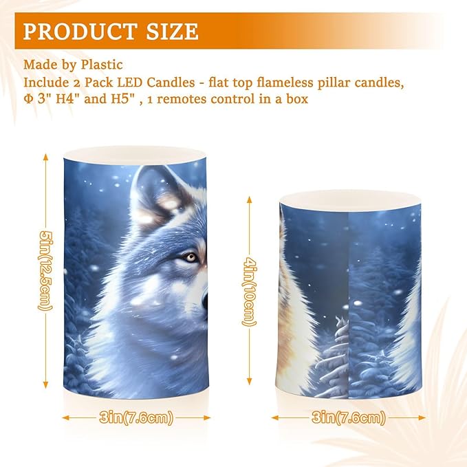 Flickering Flameless Candles, Wolf Snowy LED Candles with Remote Timer, Set of 2 Battery Operated Candle for Valentine Wedding Birthday