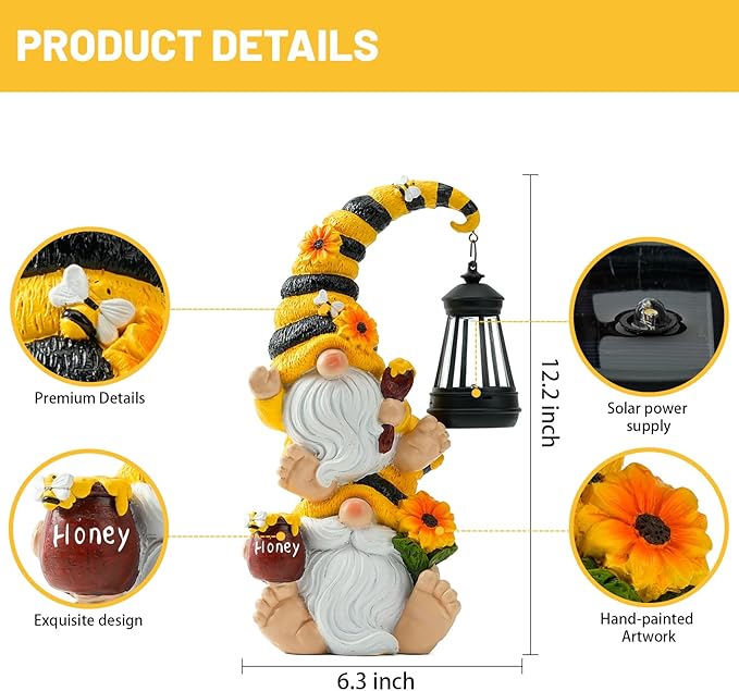 Garden Gnome Statue with Solar Lights – Large Outdoor Whimsical Decor for Patio, Lawn, Yard – Resin Waterproof Sculptures – Unique Birthday Gift for Grandma, Mom, Women