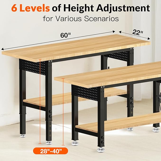 Adjustable Height Workbench, Heavy Duty Table Rubber Wood Workstation with Power Outlet & Pegboard for Garage, Office, Workshop, Home,Commercial (60"×22"|Shelf)