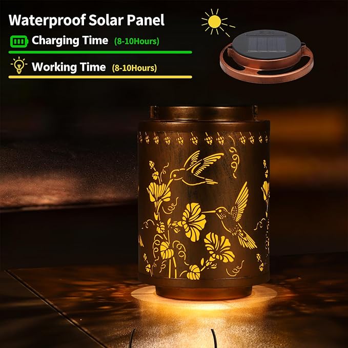 Solar Lanterns Outdoor Waterproof Mushroom Butterfly Garden Decor Gifts for Women Mon Grandma Metal Hanging Solar Lights Decoration for Outside LED Lanterns for Yard Patio Lawn Pathway（Hummingbirds）