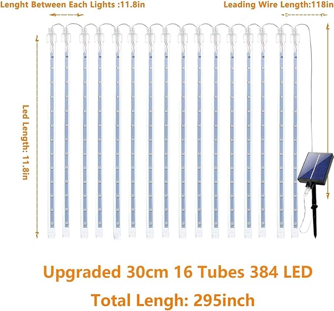 Solar Meteor Shower Lights Outdoor Waterproof, Christmas Decorations Lights Solar Powered, 16 Tubes 384LED Rain Drop Lights, Snow Cascading String Lights for Tree Party Garden Decor (Red and White)