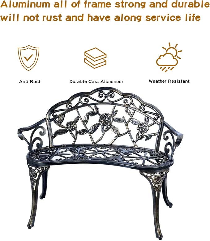JARDIN DE CENTENNIAL Patio Garden Bench Metal Park Bench Cast Aluminum Outdoor Furniture with Floral Rose for Patio,Park,Lawn,Yard (Copper)