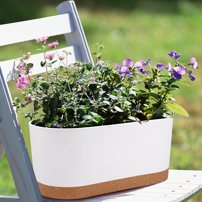 QCQHDU 16" L x 7.6" W x 7" H Window Planter Box, 2 Pack Self Watering Pots for Indoor Plants with Drainage Holes & Saucer, Outdoor Flower Pots Home Garden Modern Decor