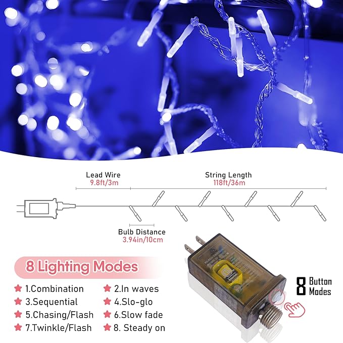 Heceltt 360 LED 118 FT String Lights Outdoor, 8 Modes Easter Lights Plug in, IP44 Waterproof Led String Lights with Timer and Memory for Easter Yard Party Garden Decorations (Blue)