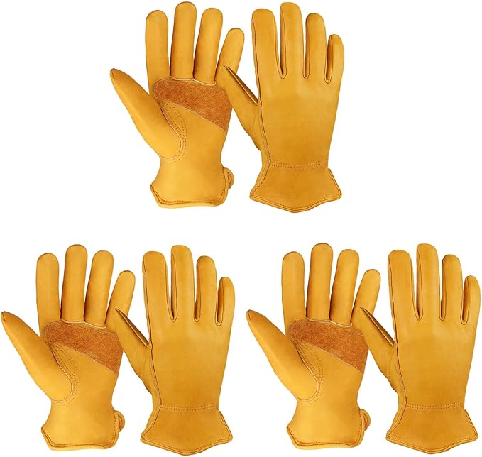 OZERO Leather Work Gloves for Men: 3 Pairs Driver Gloves Abrasion Resistant Cowhide with Reinforced Palm for Heavy Duty Gardening Yard Work DIY Gold X-Large