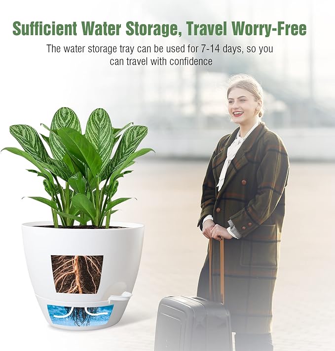 WOUSIWER 10 inch Self Watering Planters, 2 Pack Large Plastic Plant Pots with Deep Reservior and High Drainage Holes for Indoor Outdoor Plants and Flowers, White