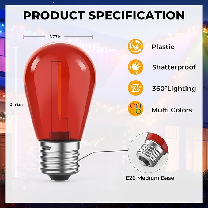15 Pack S14 Colored LED String Light Bulbs, 1W Plastic Shatterproof Replacement Bulbs for Outdoor Patio Backyard Lights, E26 Medium Base, Dimmable, Warm White 2200K, Red/Green