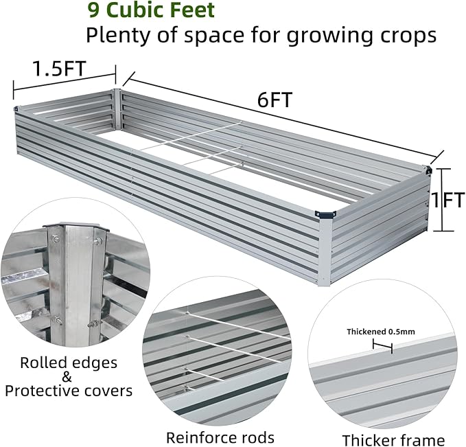 2 Pack 6x1.5x1FT Galvanized Raised Garden Beds Kit Outdoor Metal Gardening Planter Box for Vegetable Elevated Flower Herbs,Silver