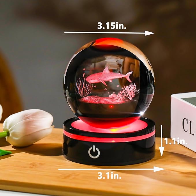 YWHL 3D Shark Figurine Crystal Ball with Colorful Light Base, Shark Gifts for Women Men Shark Lovers on Christmas Birthday, 3D Laser Engraved Shark Sphere Glass Ball for Home Office Decoration (80mm)