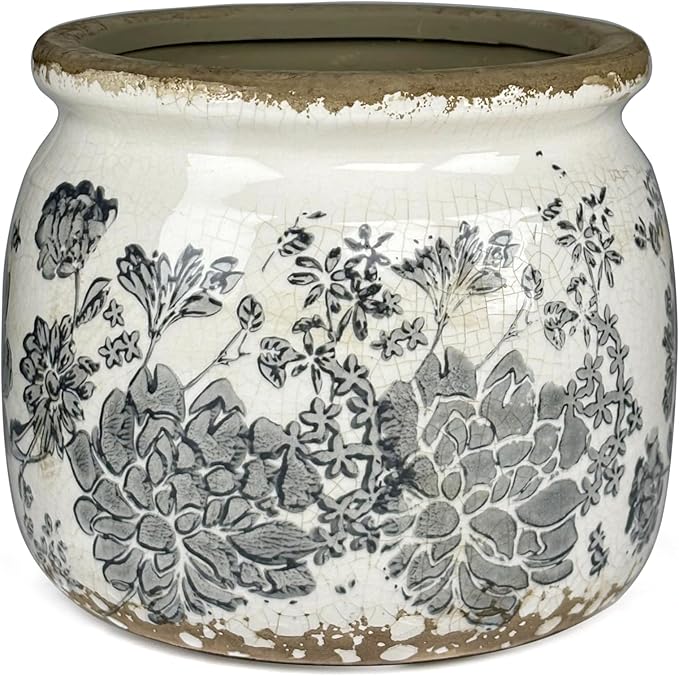 Vintage Grey Ceramic Ice Crack Flower Pot with Drainage Holes, Country Rustic Planters for Indoor and Outdoor,Tuscan Decor,Home,Living Room, Garden Decor, Gardening Gift