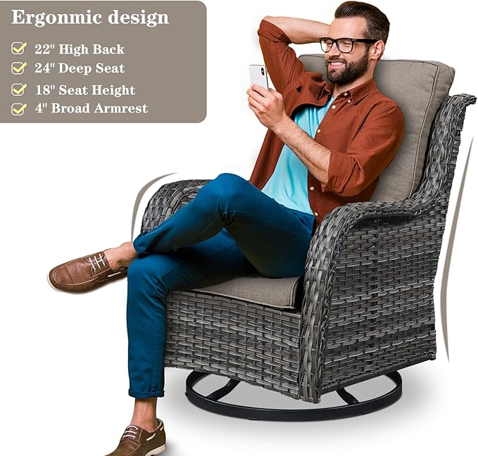 Wicker Outdoor Furniture Patio Furniture Set - 6 Piece Patio Conversation Set with Swivel Rocker Chairs, Loveseat Sofa, Ottomans and Coffee Table, Gray Cushion
