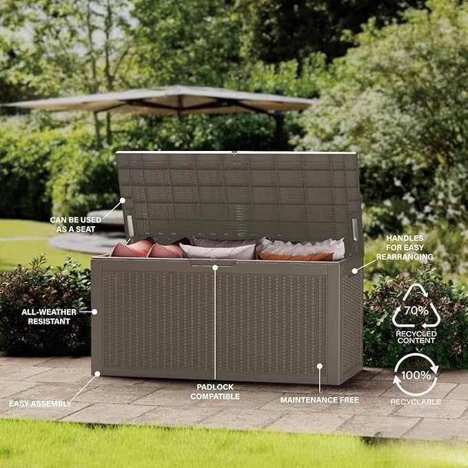 100 Gallon Lockable Resin Deck Box, Waterproof & UV-Resistant Outdoor Storage Box for Outdoor Cushion Storage, Garden Tools & Pool Accessories Storage, Gray