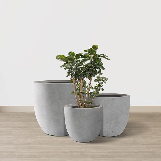 Kante 18",14",10" Dia Concrete Round Planters (Set of 3), Outdoor Indoor Large Planter Pots with Drainage Hole and Rubber Plug for Home Patio Garden, Natural Concrete
