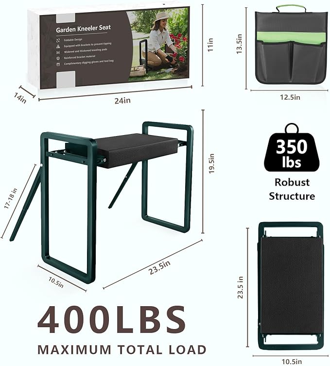 seasky Foldable Garden Kneeling and Seat,Anti-Tipping Garden Stool Widened Thick Soft Kneeling Pad, Heavy Duty Gardening Stool with Garden Tool Bag,Gardening Gift for Women(Without Gloves)