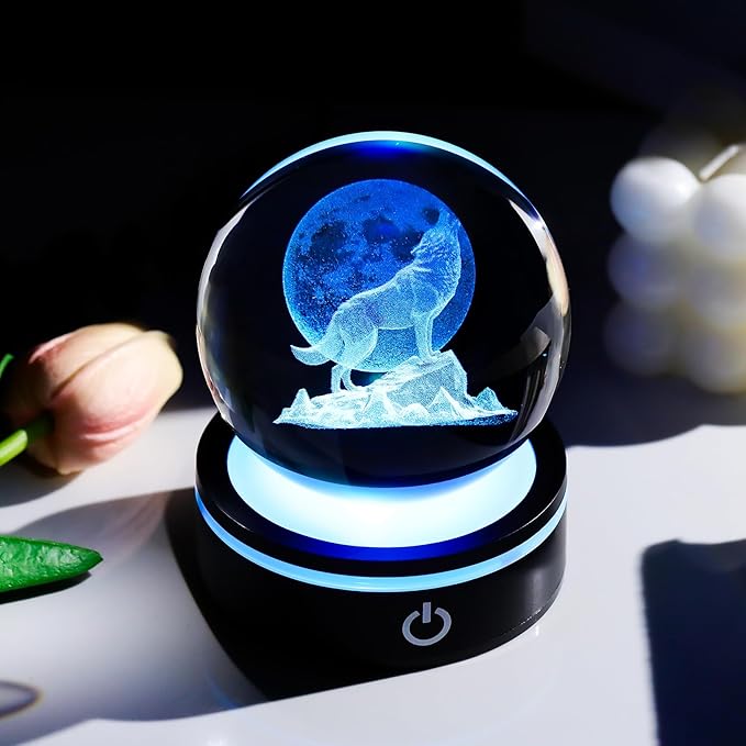 YWHL 3D Crystal Ball Moon Wolf Figurine with Colorful LED Base, Laser Wolf Gifts for Women Men Wolves Lovers on Christmas Birthday, Wolf Statue Glass Animal Decorative Ball for Home Decor (80mm)