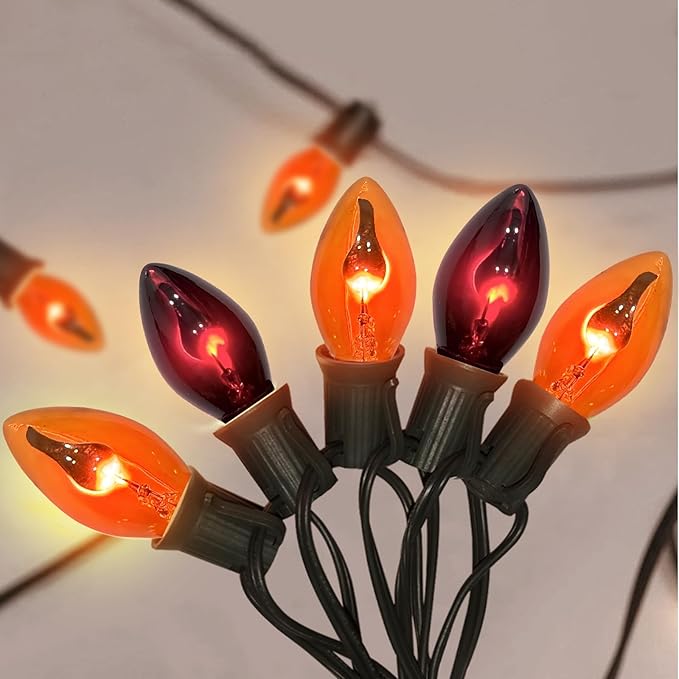 25Ft C7 Halloween Orange Purple String Lights Outdoor, Christmas Decorations Patio Lights with 25 Orange/Purple Flickering Flame Lights Waterproof UL Listed for Outdoor Party Garden Bistro Roof Decor