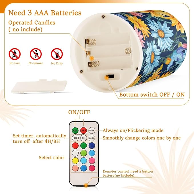 Flickering Flameless Candles, Daisy Flowers Botanical LED Candles with Remote Timer, Set of 2 Battery Operated Candle for Valentine Wedding Birthday