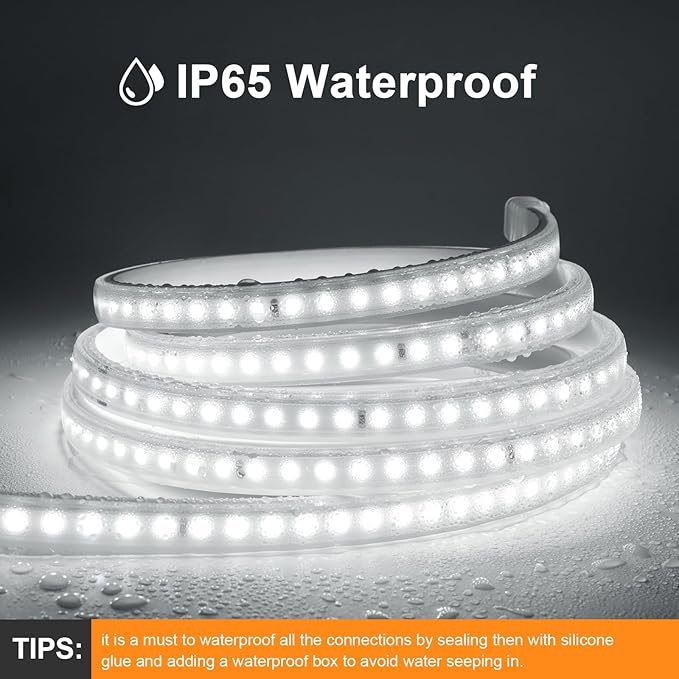 AIMENGTE LED Strip Lights Outdoor Waterproof, 600 LEDs, 6500K Cool White, 16.4ft LED Rope Lights for Bedroom, Kitchen, Garden, Patio, Indoor Christmas Decoration, AC 110V