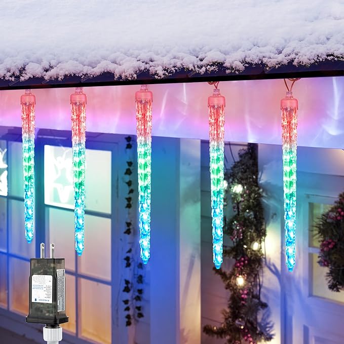 Icicle Lights Outdoor, 10 Ft Meteor Shower Lights with 10 Ice Shaped Tube, Snowfall Shooting Star Light Effect, Falling Crystal Christmas Decorations for House Eave Roofline Patio, Multicolor