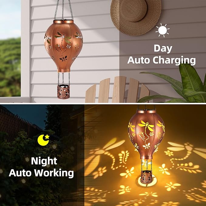 Dragonfly Hot Air Balloon Solar Lights Hollowed Metal Hanging LED Solar Lanterns Outdoor Waterproof Light for Garden Patio Yard Porch Christmas Decor Gifts for Women Mom Friends