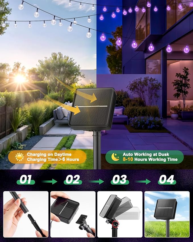 Brightown Purple Solar Halloween Lights Outdoor 60 Led 36 Feet Crystal Globe String Lights with 8 Lighting Modes, Waterproof Solar Powered Patio Lights for Garden Yard Porch Decor (Purple)