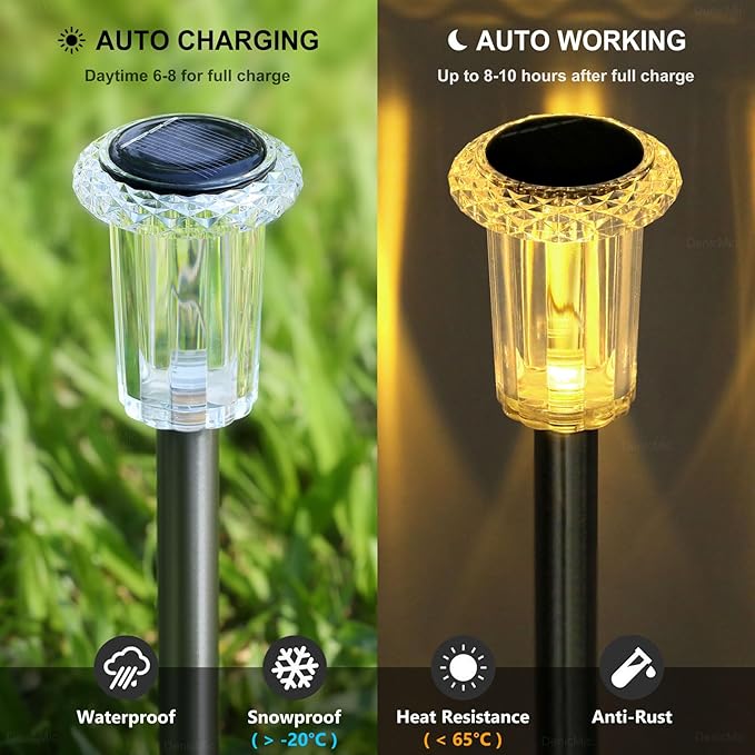 DenicMic Solar Lights Outdoor Pathway Lights 3000K LED Waterproof Acrylic Lamp Head Stainless Steel Stake for Yard Garden Landscape Path Walkway Driveway Patio Lawn (15Pack Warm White)