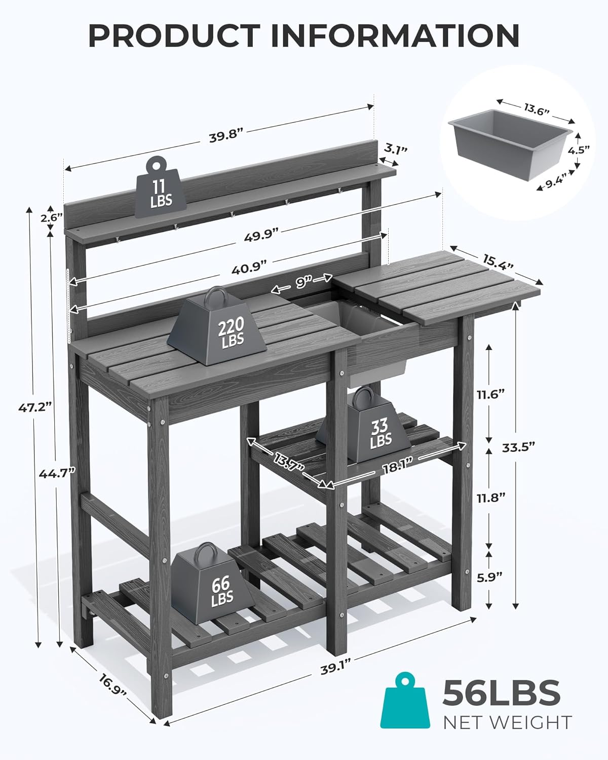SERWALL Potting Bench Outdoor Potting Table with Sink, HDPE Potting Benches for Outside Gardening Table All Weather Use- Gray