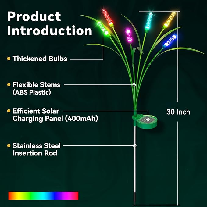 2 Packs Reeds Solar Garden Light With Multiple Color Gradients, 30 Inch, 12 Bulbs, Intelligent Control System, IP65 Waterproof, Outdoor Solar for Decorating Pathway