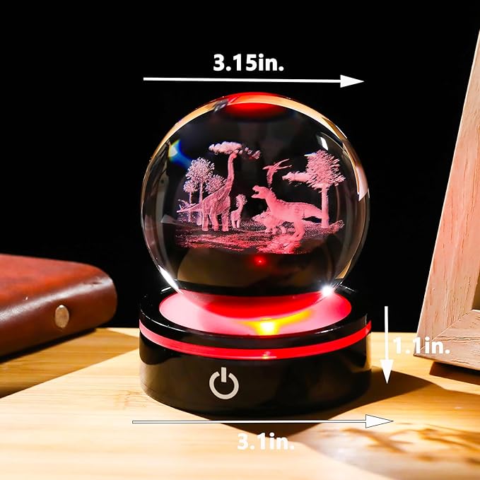 YWHL 3D Dinosaur Figurine Crystal Ball with Colorful Light Base, Dinosaur Gifts for Women Men on Christmas Birthday, 3D Laser Engraved Dinosaur Full Sphere Glass Decorative Ball for Home Office (80mm)