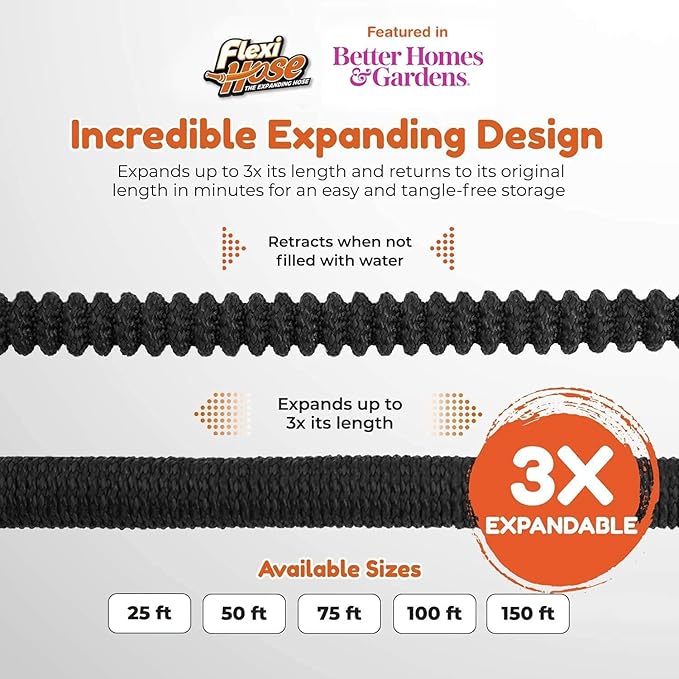 Flexi Hose with 8 Function Nozzle, 50FT - Lightweight Expandable Garden Hose, No-Kink Flexibility, 3/4 Inch Solid Brass Fittings and Double Latex Core