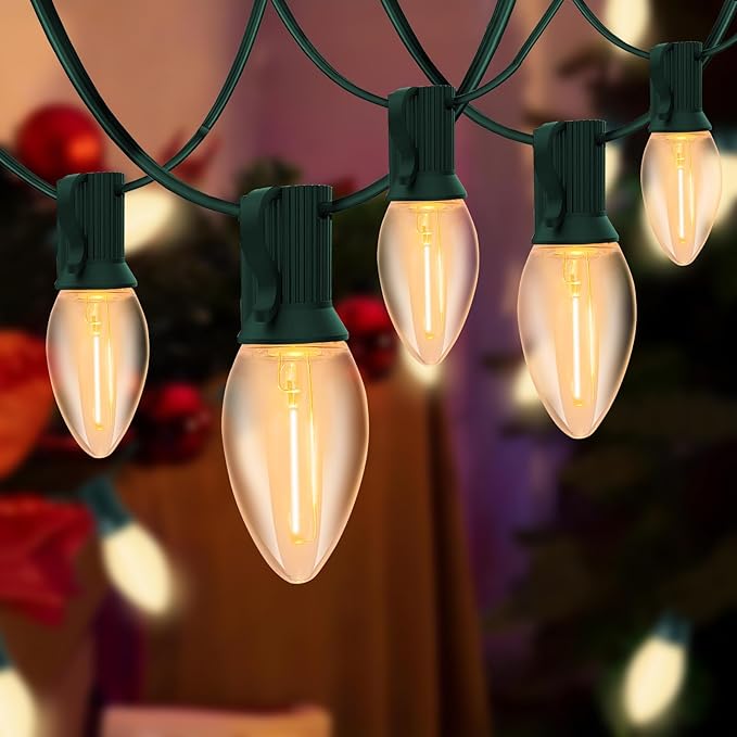 C7 Clear LED Christmas String Lights, 25FT C7 Outdoor String Lights with 27 LED Warm White Bulbs, Connectable Vintage Christmas Lights for Patio Porch Balcony Wedding Christmas Decorations, Green