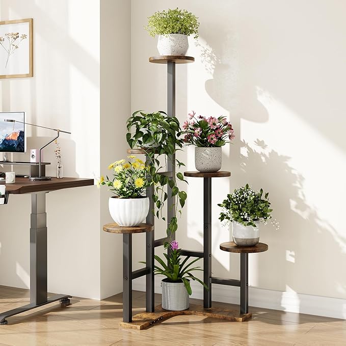 Corner Plant Stand Indoor, 6 Tier Corner Plant Shelf Flower Stand for Multiple Plants, Plant Shelves Organizer Rack for Living Room, Balcony, Patio, Garden, Round Rustic Brown