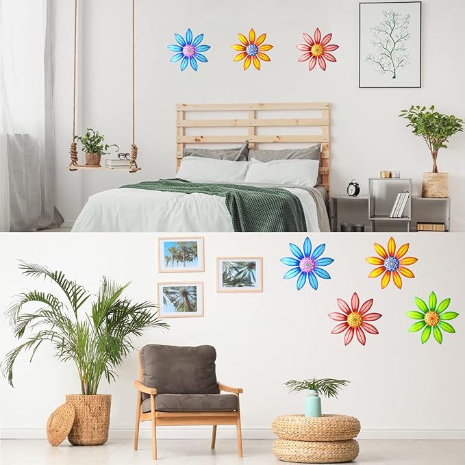 Gooyule Metal Flower Decor, 4 Pack Metal Flowers Wall Decor Colorful Flower Wall Art 6.5" Metal Floral Wall Decor Indoor Outdoor Hanging Wall Decor Metal Wall Decor Set for Home Office Garden Yard
