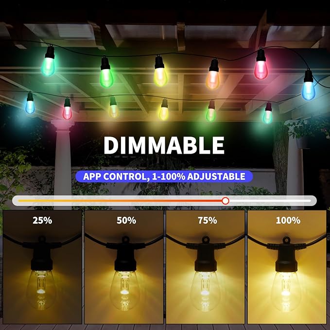 Outdoor String Lights 100FT, Outdoor Lights for Patio with 40 Dimmable RGBW LED Bulbs, IP66 Waterproof Shatterproof, with APP Control & Remote, 24V Adapter Color Change,for Backyard Decor