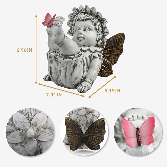 Garden Fairy Outdoor Solar Decor,Fairy Garden,Garden Sculpture,Resin Ornaments for Patio Lawn Yard Porch,Playful Garden Flower Fairy Statues for Outside Angel Gifts,7.91 Inches Tall