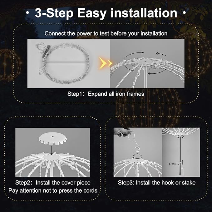 Christmas Ball Sphere, 12IN 96LED Hanging Tree and Pathway Lights With Hook and Stake, Foldable Metal Frame Ball for Outdoor Garden, UL Listed, Brown Frame, Warm White