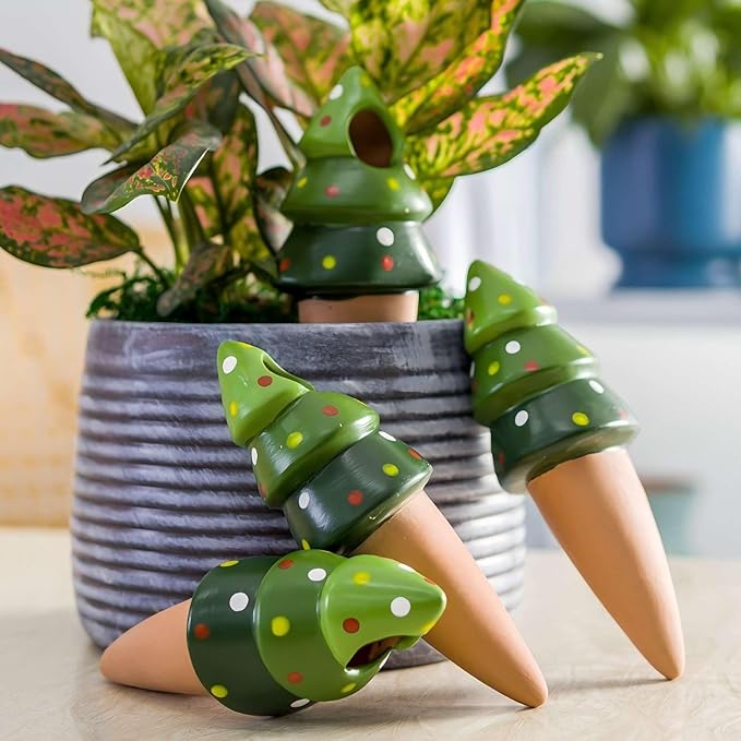 4 Pack Terracotta Christmas Tree Automatic Plant Watering Devices,Household self Watering Planter Insert, Watering Spikes for Indoor Plants,Holiday Potted Plant Continuous Moisture Device
