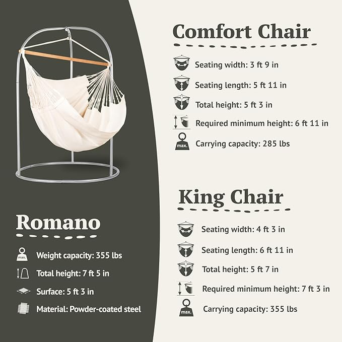 LA SIESTA - Large Comfort Habana Cotton Hammock Chair & Stand - Indoor/Outdoor Hanging Chair Swing for Bedroom, Porch, Balcony - Boho Chair - Latte